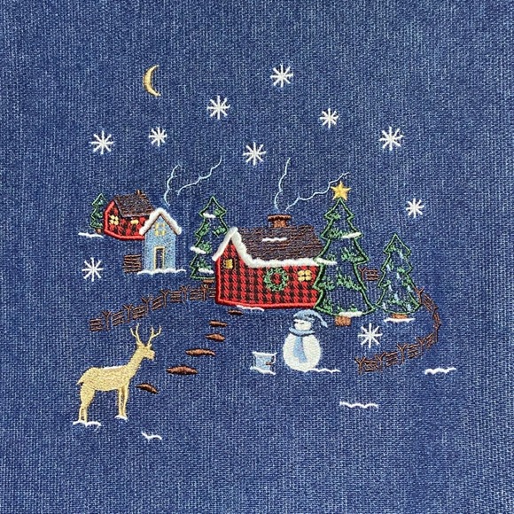 Vintage Woolrich Womens L Denim Dress Embroidered Winter Scene Sleeveless Belted - Picture 4 of 10